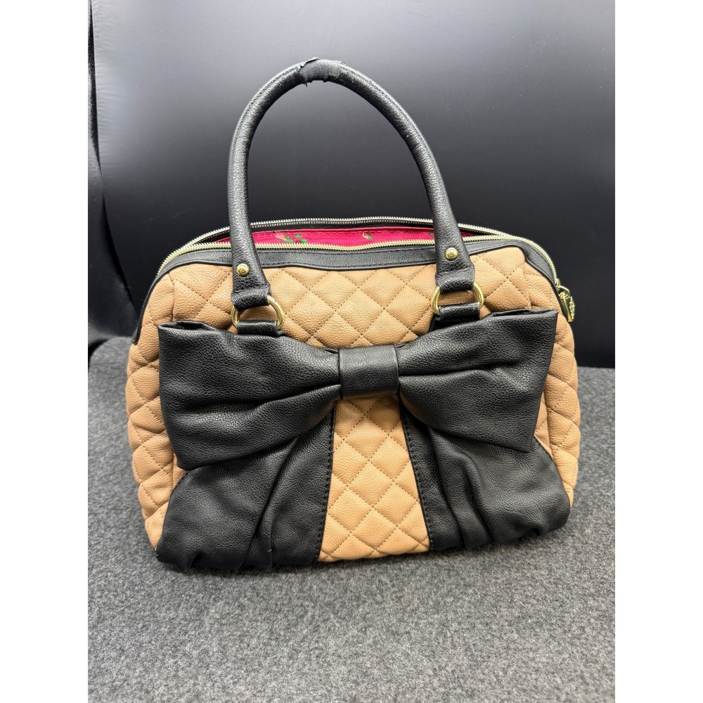 Vintage Betsey Johnson Satchel Quilted Large Bow Tan Black Handbag READ